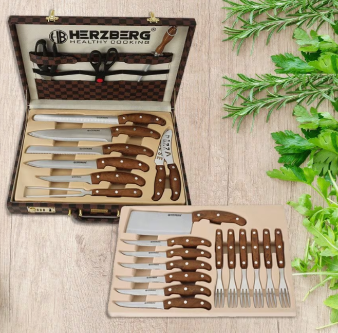 Herzberg 25 dele kniv- og bestiksæt med attachetaske