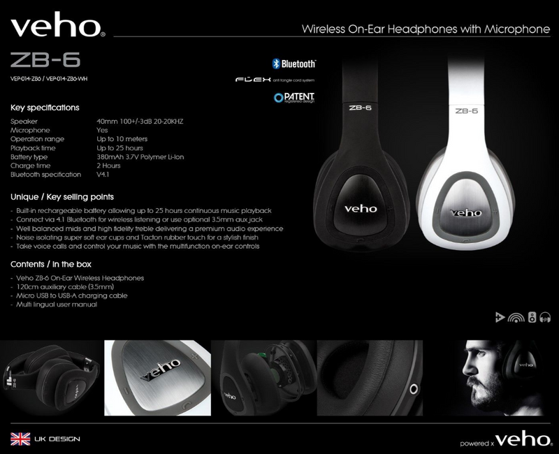 VEHO ZB-6 Bluetooth høretelefoner med ekseptionel lyd og bass
